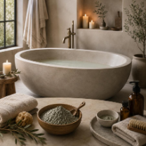 A freestanding oval bathtub 