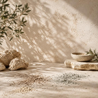 A styled flat-lay scene with beige stone textures,
